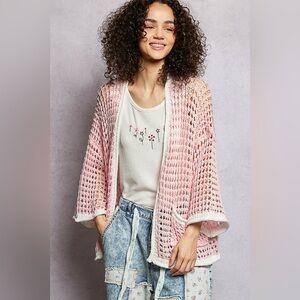 POL Open Front Openwork Cardigan with Contrast Trim